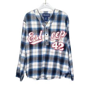Vintage Blue Plaid Esleep 90's Baseball Jersey Flannel Sleep Shirt Long Sleeve